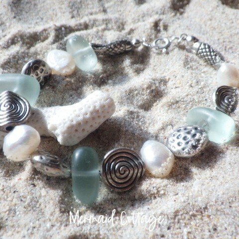 *sv925*seaglass & sea creature bracelet☆シーグラス*淡水パール