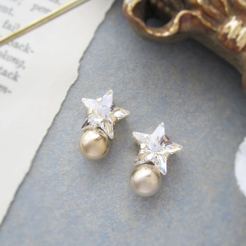 Star bijou×Metal earring／pierce(クリスタル＊ゴールド）*3977*