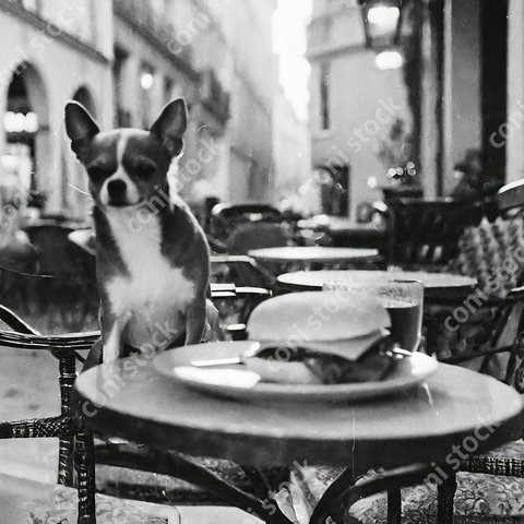 パリのカフェのイメージ、チワワとハンバーガー、レトロ、モノクロ、アート、古びた写真　conistock_72626_02