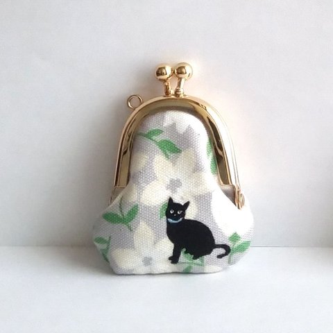 小さいがま口：豆姫：ちっちゃいがま口：littlie purse 411：かわいいがまぐち：小さな財布：ネコ,花,散歩,黒猫,cat