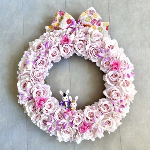 No.wreath-15541★ひな祭りリース24-(1)（バラ&うさぎ雛） 40x36cm・アートフラワー/造花リース/大型リース