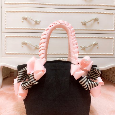 究極のリボンバッグ♡マイコバッグ  ブラック×ピンクリボン　maikobag