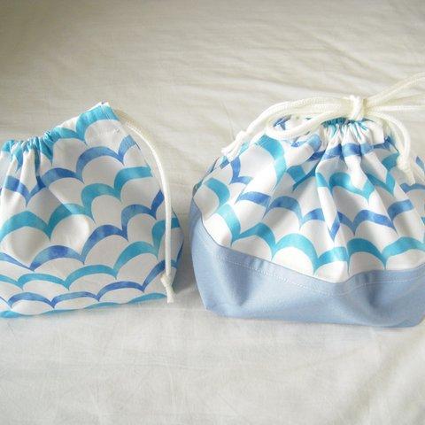 【再】お弁当袋＆コップ袋SET<波>_#173-174_obento&cup bag<wave>