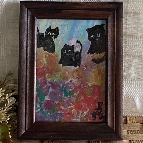 絵画。原画手描き【花の甘い夢、楽しく遊ぶ3匹のかわいい黒猫】