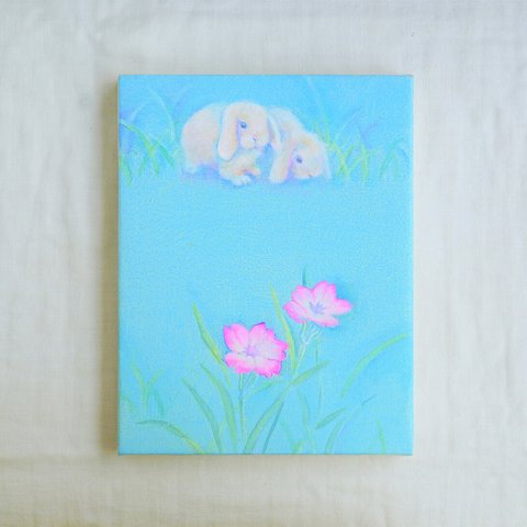 キャンバス油絵【原画】＊ホーランドロップ（うさぎ）とピンクの花の絵