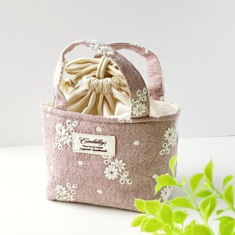 保冷保温　ミニトートバッグ　おにぎり1〜2個用　保冷ミニバッグ　刺繍ピンク花柄
