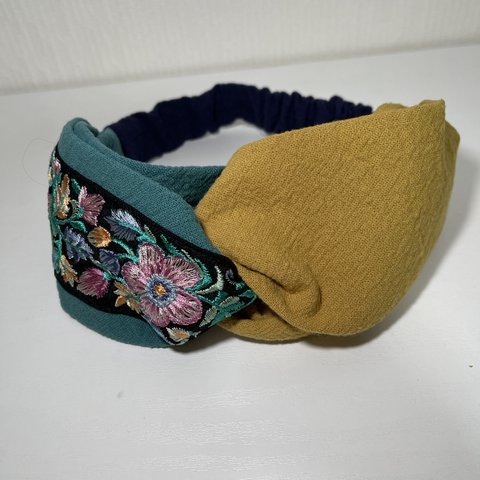 ヘアーバンド　インド刺繍リボン　幅7.5-8cm