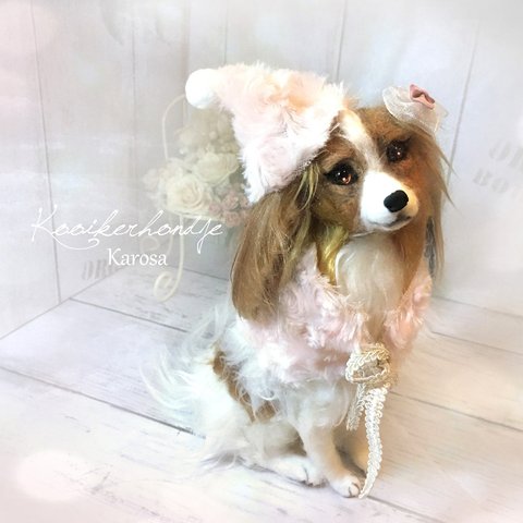 コーイケルホンディエ　犬　おしゃれわんこ　ローズシルエットファー　羊毛フェルト　アートドール