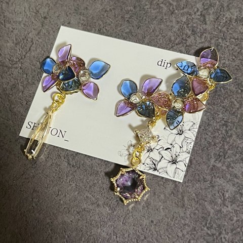 紫陽花 アシンメトリー イヤーカフ＆ピアス イヤリング セット