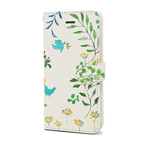手帳型スマホはめ込み式ケース・ベルト有り　かわいい小鳥 植物 花柄 　青いとり　送料無料