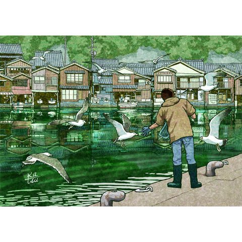 「ウミネコ」　伊根の舟屋　餌やり　海の京都　イラスト