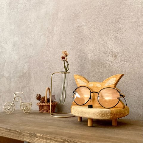 メガネスタンド　犬ベンチ　小物置き　アクセサリートレイ 木製　メガネ収納　鍵置き　眼鏡ディスプレイ チワワ