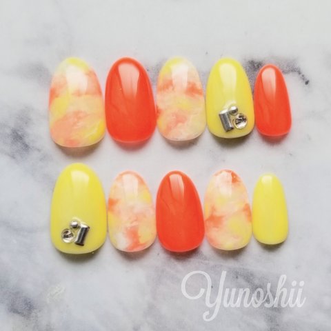 Pastel marble Nail Yellow×Orange