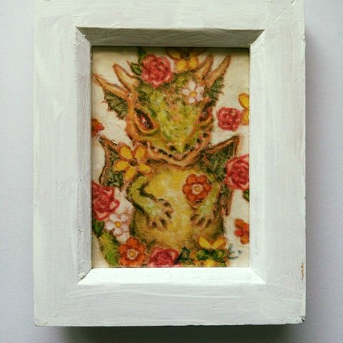 ＊販売済『イヨマの森の花とドラゴン』（ミニ額入りパステル画）