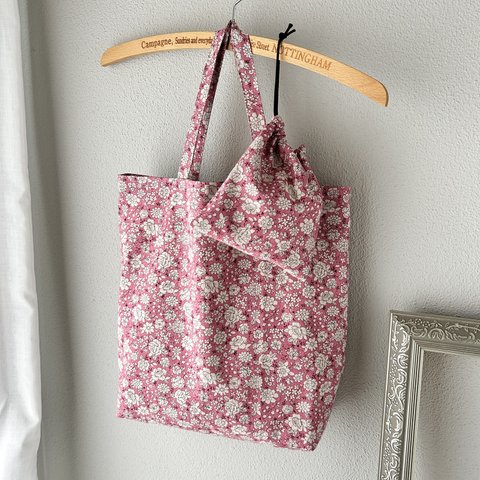【巾着付き】コットンリネンのエコバッグ・ピンク花柄