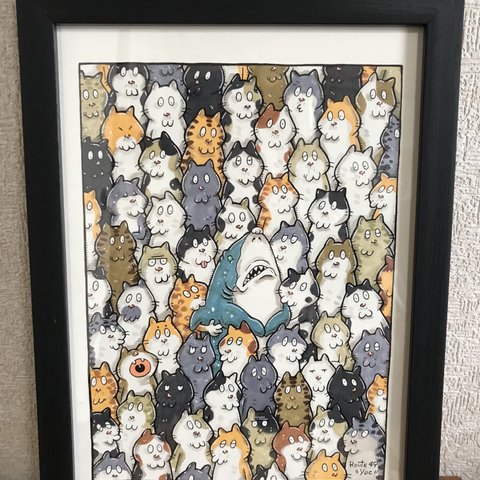 【包囲網】猫　サメ　動物　原画　アート　絵