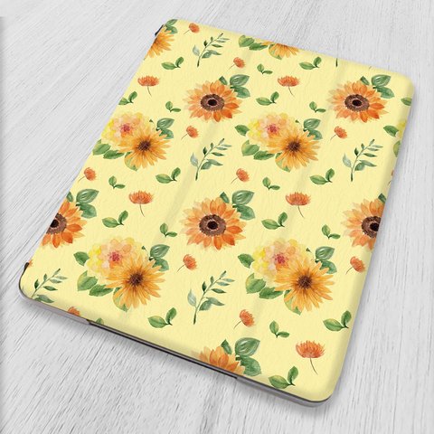 軽量♪『向日葵とダリア イエロー』iPadケース タブレットケース カバー mini6 10.2 第8世代 第9世代 Air4 Pro 11 12.9 かわいい 可愛い 手帳型 夏 ひまわり 花柄