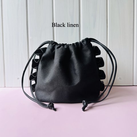 【在庫あり】大人可愛いレザーフリルのリネンバッグ『Ama bag 』ブラック