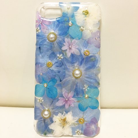 iPhone7☆押し花ケース☆デルフィニウム☆紫陽花☆ブルー系