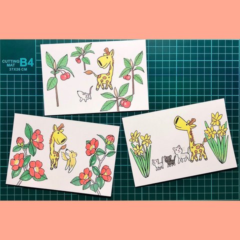 ちびきりんの絵葉書　1月3枚セット　ツバキ、ヤブコウジ、スイセン(ティタティタ)