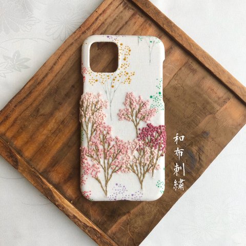 春望(山桜)〜和布刺繍 和柄スマホケース【iPhone11Pro】