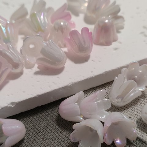 [150個]  陶器風フラワービーズ  チューリップ  乳白色  ピンク