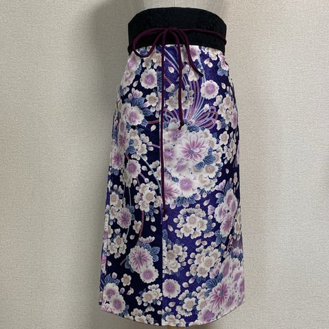 巻きスカート　着物リメイク 青紫花