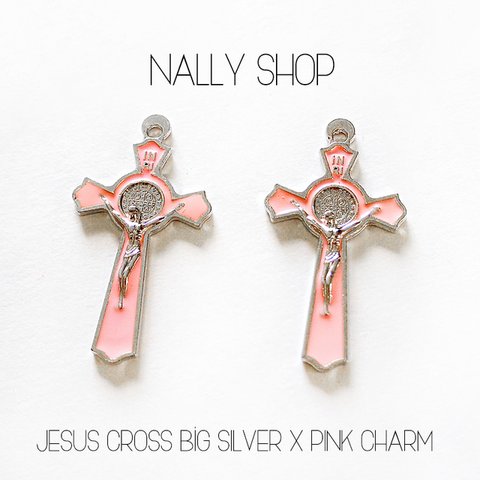 【2個】在庫限り！Jesus Cross Big Charm (Silver×Pink)【MS0171】