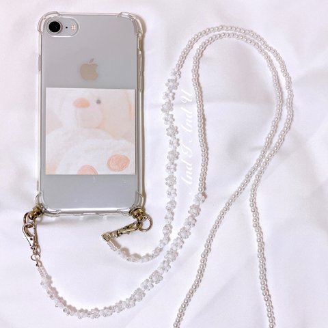 iPhoneケース付【Snow】ビーズスマホショルダー /スマホストラップ   / スマホチェーン 