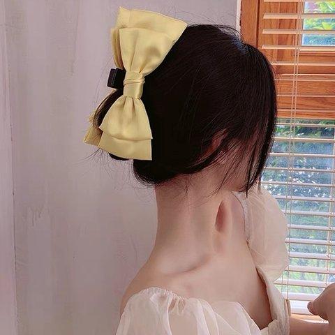 【在庫処分 限定セール￥399】韓国ファッション　BIGサテンリボンヘアクリップ　イエロー　ヘアアクセサリー　-2928