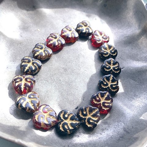 【1連15コセット】JIRI＊IVANA#czech beads#チェコビーズleaf  13✖️12㍉ red＊black/bronze