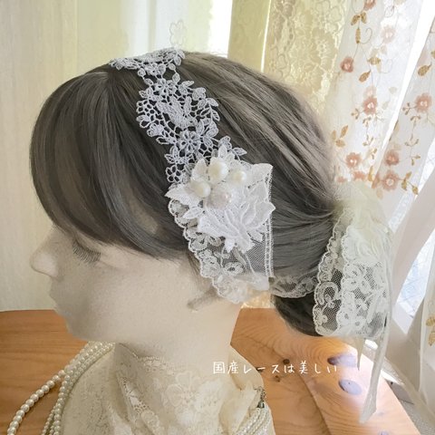 　【国産レース】ヘアアクセサリー　白　お花　ウエディング　ブライダル　結婚式　パール　ヘッドドレス　335