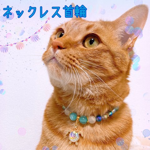 猫の首輪🐈ブルー系マリンビーズ⚓️ネックレス首輪♡ウミガメチャーム𓆉色違いあり❤