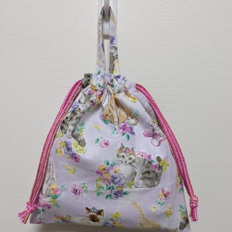 【M】KT255：給食袋　袋　巾着　幼稚園　小学校　入園　入学　女の子　猫　花　パープル　薄紫　可愛い