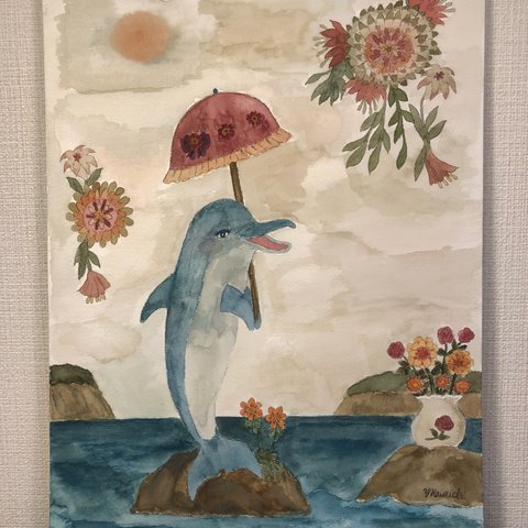 「w様ご売約済み作品 平和を愛するイルカさん 水彩原画作品」