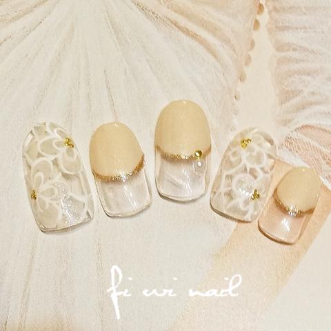 Lace Flower♡ネイルチップ♡フラワーレースと丸フレンチ