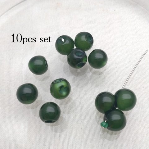 10個セット!グリーン スズマルビーズ 10mm アクリル/丸玉チャーム/軽量/樹脂/キャッツアイ/偏光