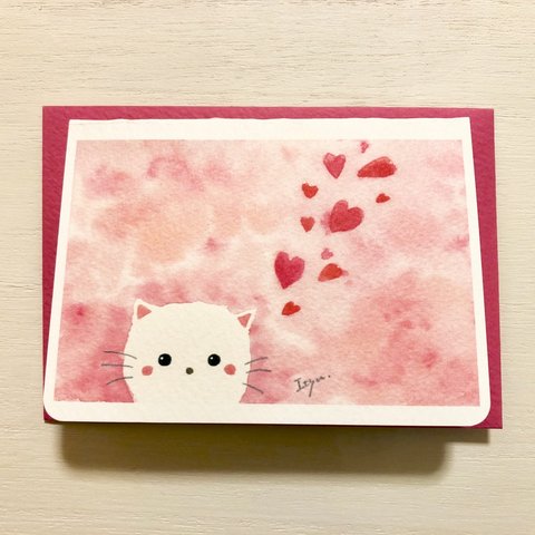  ❤️2枚セット 「ハート猫ちゃん」水彩画イラストミニカード ねこ　バレンタインカード　バレンタイン❤️