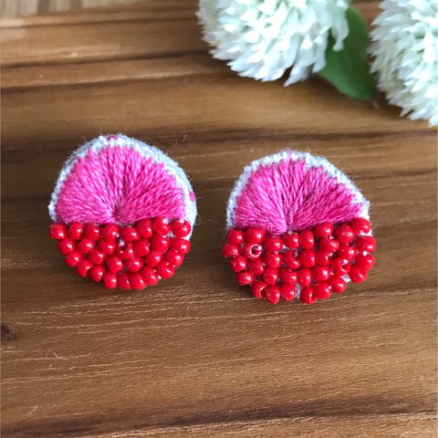 2tone  刺繍ピアス [ピンク×レッド]