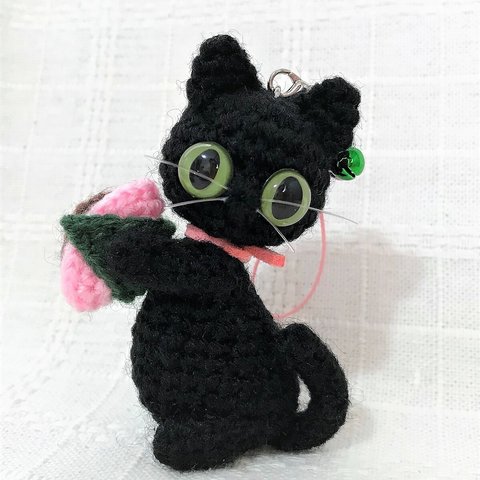 黒猫の桜餅ストラップ*あみぐるみ♡キーホルダー・ボールチェーン