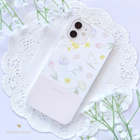 春の花々ホワイト スマホケース iPhone Android アンドロイド 全機種対応 花柄 桜 チューリップ 菜の花 パンジー マーガレット すずらん バラ バイカラー