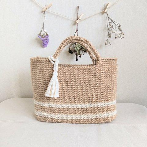 ◈キナリ×アイボリーのボーダー 麻紐 夏バッグ◈かぎ針編み