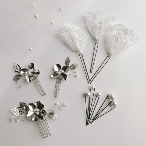 silver flower lace  pearl set