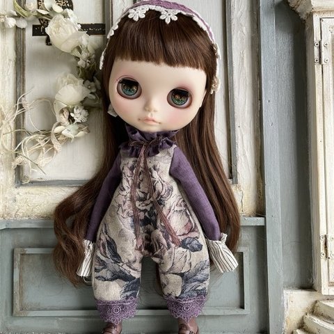 【再販】2182 アンティークなパープル花柄のロンパース Blythe ブライス アウトフィット 洋服