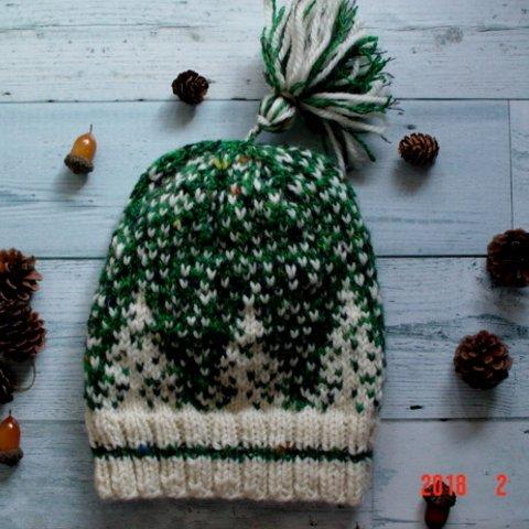 ☆彡北欧柄編み込み粉雪の森ニット帽
