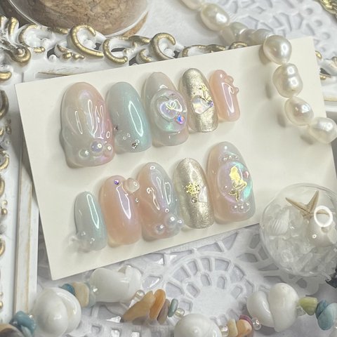 サイズオーダー♡グラデーションマーメイドネイルチップ　グリーン×ピンクsize order nail tip