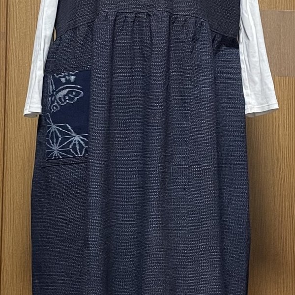 着物リメイク シンプル 絣(木綿)のジャンパースカート 身幅56.5センチ 