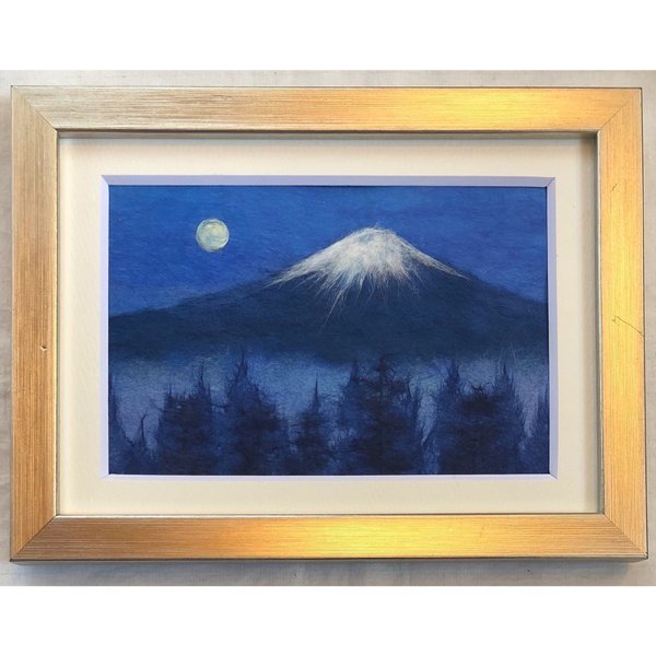 和紙ちぎり絵『満月と富士山』葉書サイズ原画 - 和紙ちぎり絵-彩紘工房 