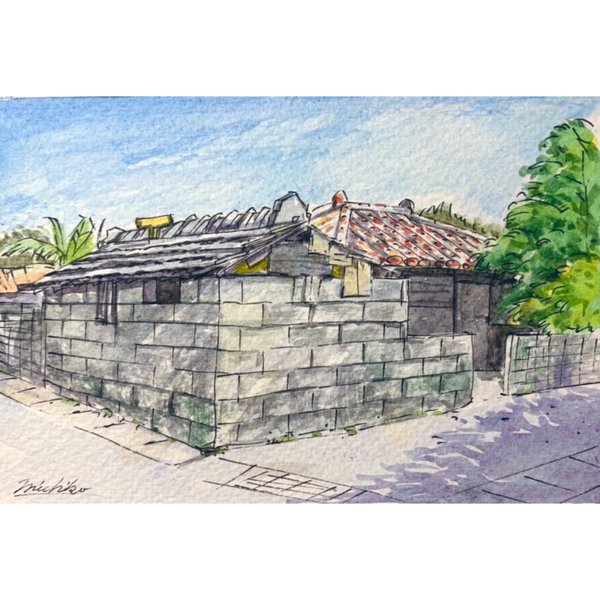 原画】沖縄風景水彩画「中城村の赤瓦古民家」 - 沖縄風景画_城間 原画】沖縄風景水彩画「中城村の赤瓦古民家」 - 沖縄風景画_城間