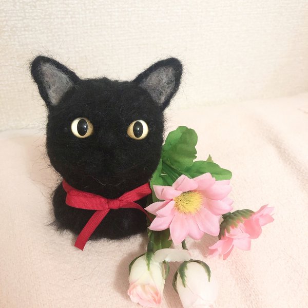 羊毛フェルト 黒猫 置物 リアル